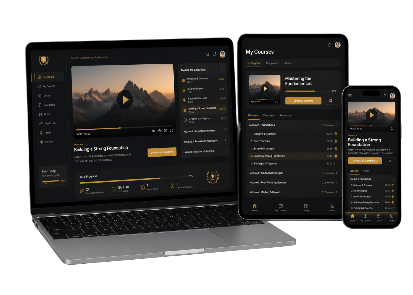 Notebook, tablet e celular exibindo a plataforma de aulas da HUB