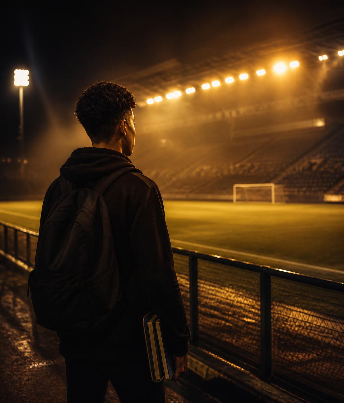 Estudante com livros à beira do gramado em um estádio iluminado